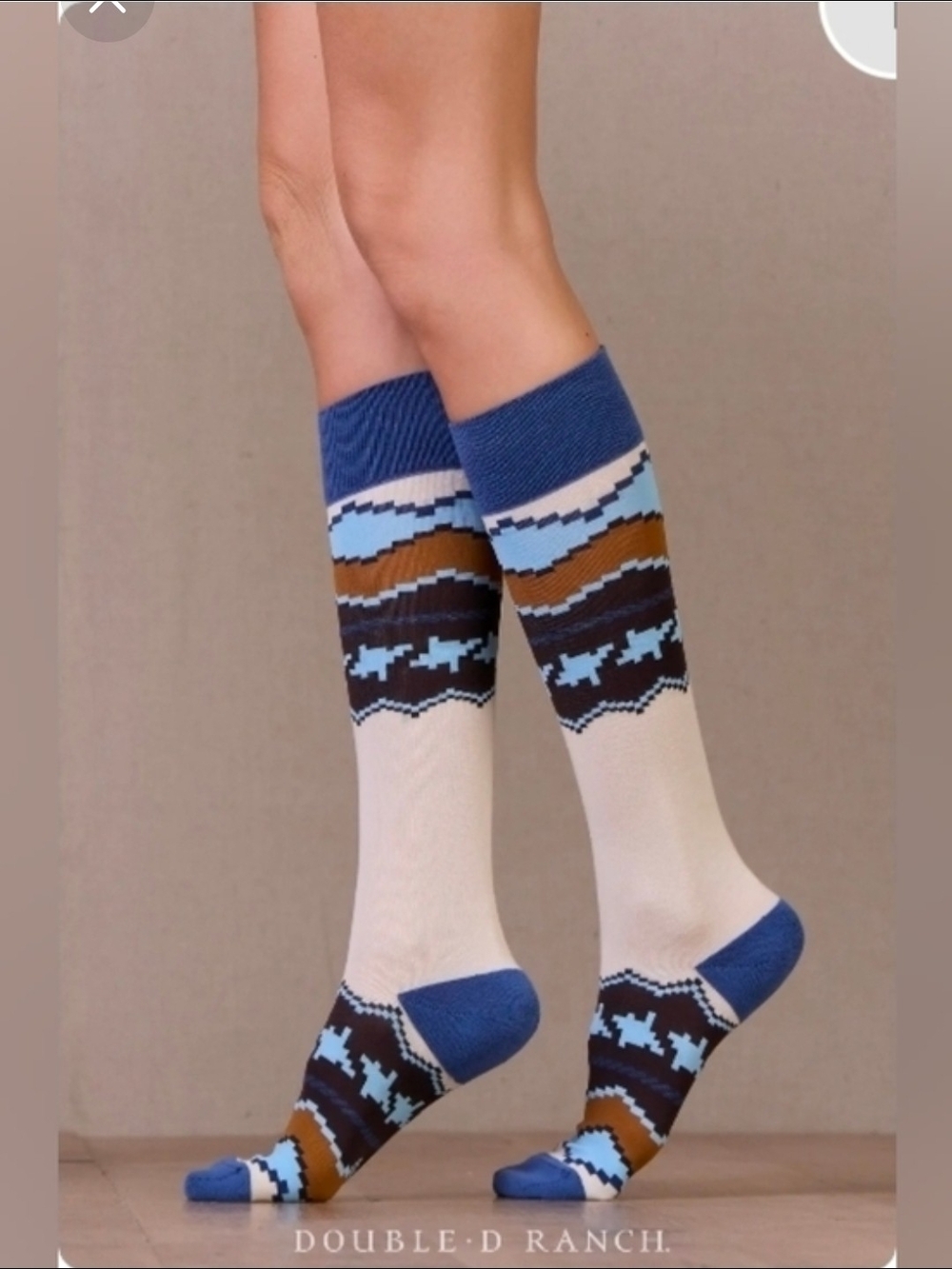 Double D Ranch Blue, Cream & Brown Western Pattern Knee-High Socks